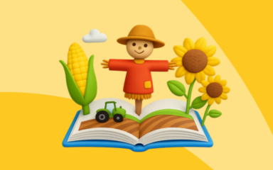 Illustration of a scarecrow, sunflower, corn, tractor, and open book